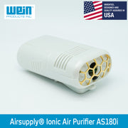 Side view of AirSupply AS180i Personal Ionic Air Purifier with graphics highlighting that it was invented, designed and quality assured in USA